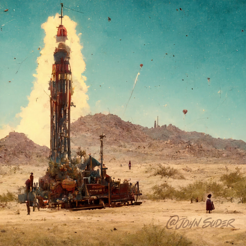 steampunk rocket launching in the desert